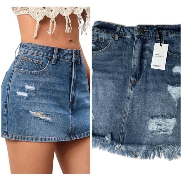 Forever 21 Blue Denim Mini Skirt Distressed Y2K S 26 NWT - Picture 1 of 6